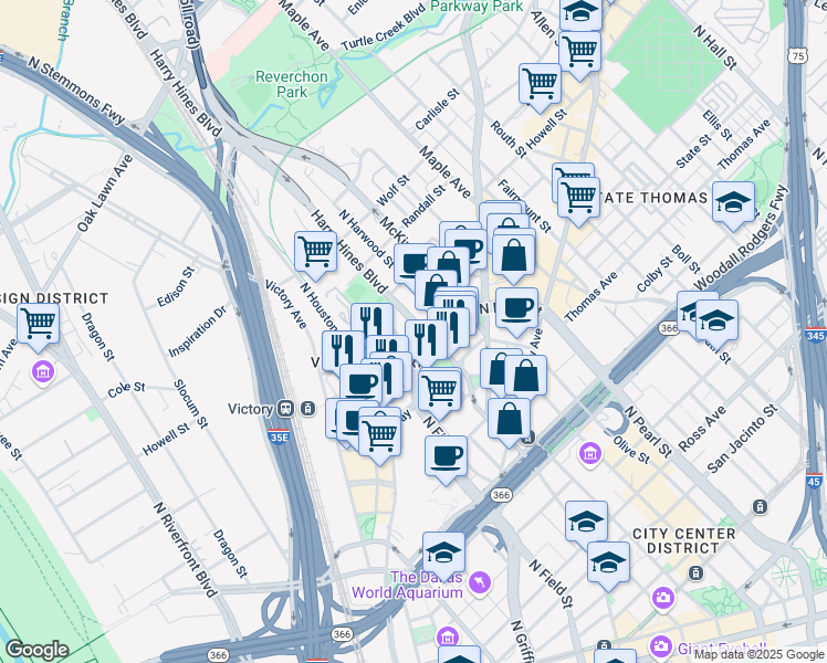map of restaurants, bars, coffee shops, grocery stores, and more near 1700 Payne Street in Dallas