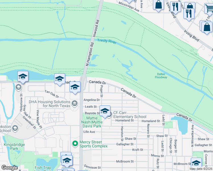map of restaurants, bars, coffee shops, grocery stores, and more near 4002 Darien Street in Dallas