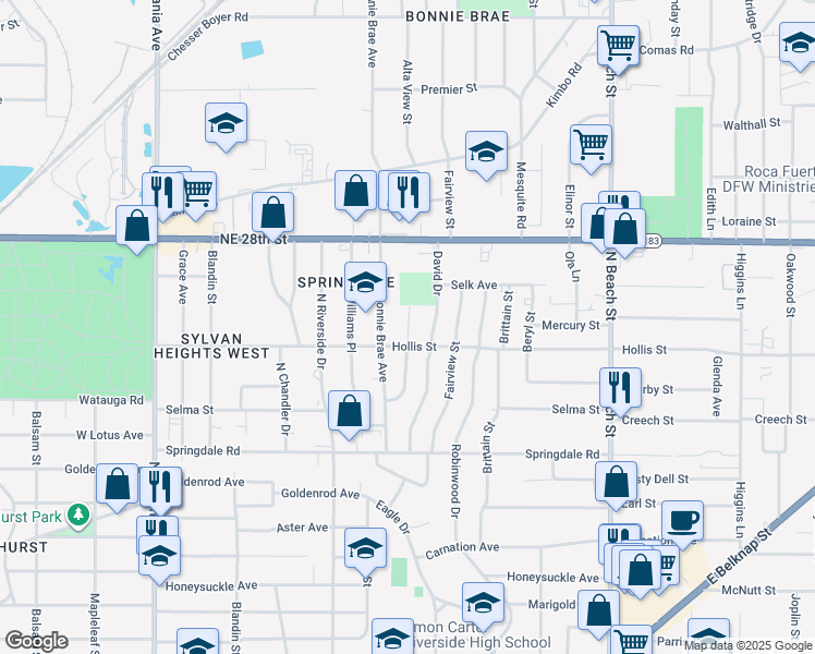 map of restaurants, bars, coffee shops, grocery stores, and more near 2141 Barbell Lane in Fort Worth