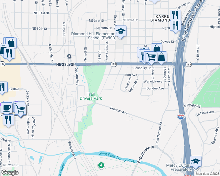 map of restaurants, bars, coffee shops, grocery stores, and more near 2601 Hutchinson Street in Fort Worth