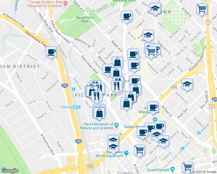 map of restaurants, bars, coffee shops, grocery stores, and more near 1879 Payne Street in Dallas