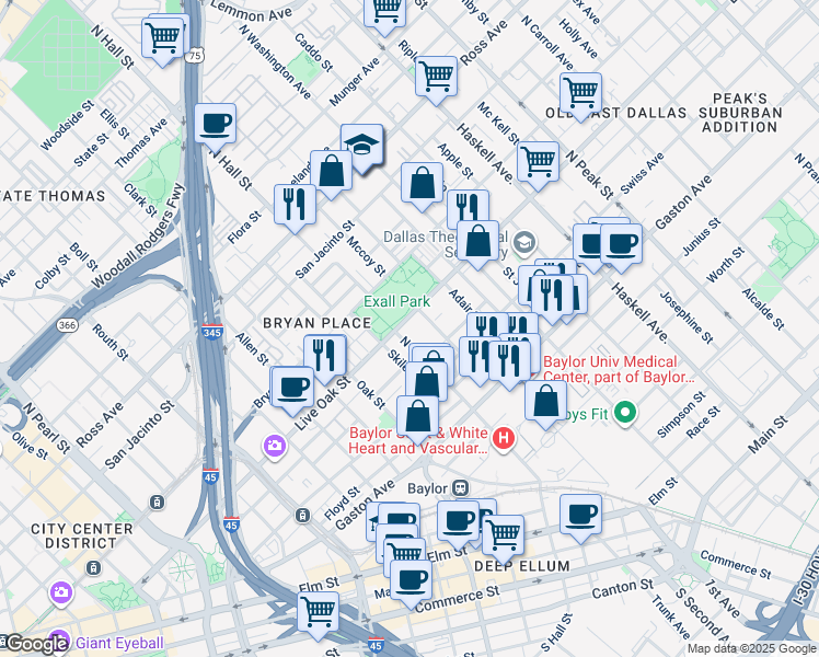 map of restaurants, bars, coffee shops, grocery stores, and more near 1200 Hall Street in Dallas