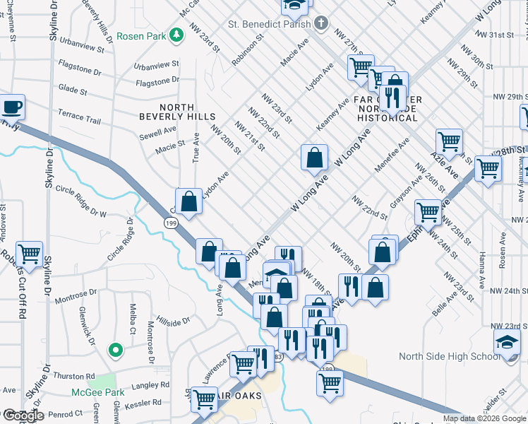 map of restaurants, bars, coffee shops, grocery stores, and more near 2701 Northwest 19th Street in Fort Worth