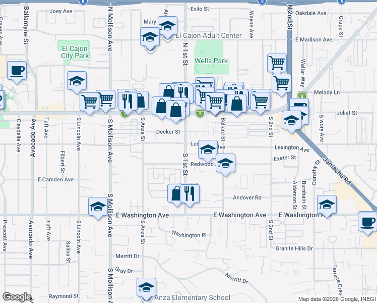 map of restaurants, bars, coffee shops, grocery stores, and more near 357 South 1st Street in El Cajon