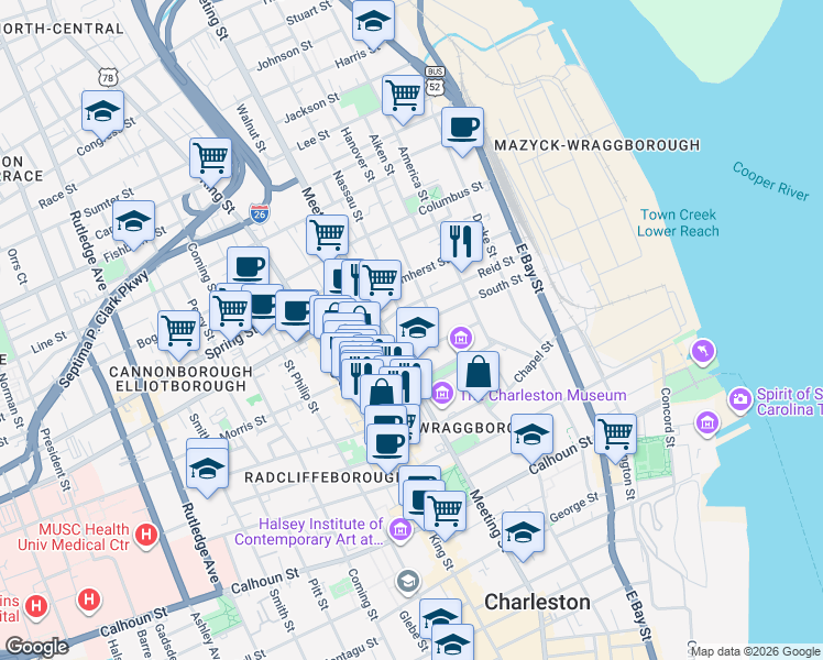 map of restaurants, bars, coffee shops, grocery stores, and more near 12 Nassau Street in Charleston