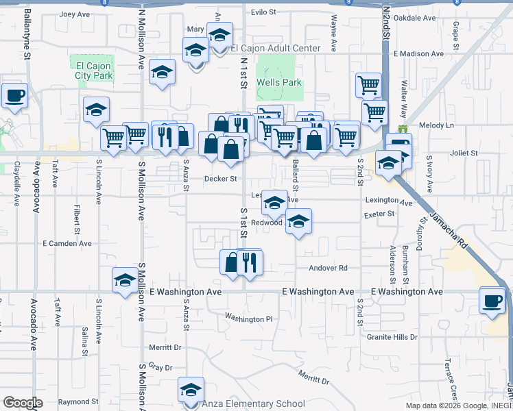 map of restaurants, bars, coffee shops, grocery stores, and more near 1114 Tulsa Street in El Cajon