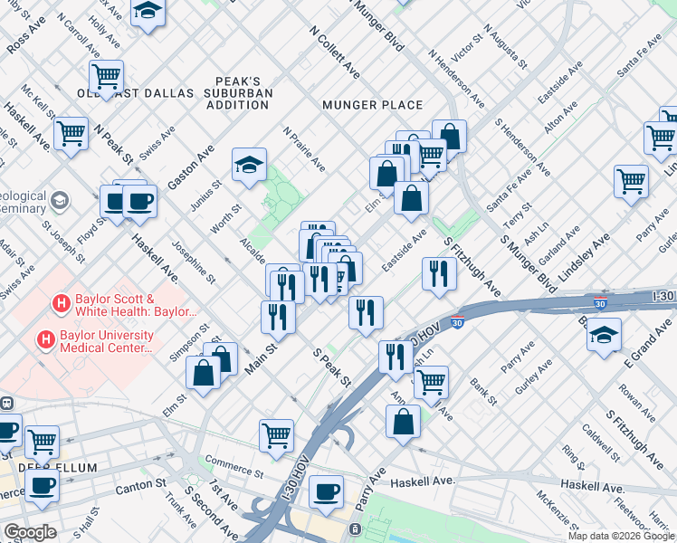 map of restaurants, bars, coffee shops, grocery stores, and more near 4520 Columbia Avenue in Dallas