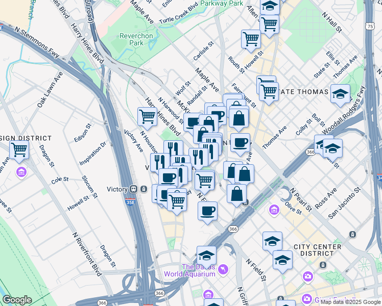 map of restaurants, bars, coffee shops, grocery stores, and more near 1855 Payne Street in Dallas