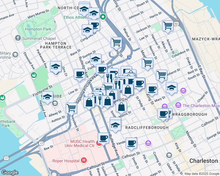 map of restaurants, bars, coffee shops, grocery stores, and more near 24 Ashe Street in Charleston