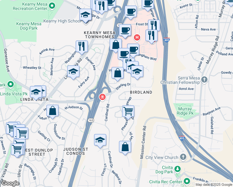 map of restaurants, bars, coffee shops, grocery stores, and more near 7799 Starling Drive in San Diego