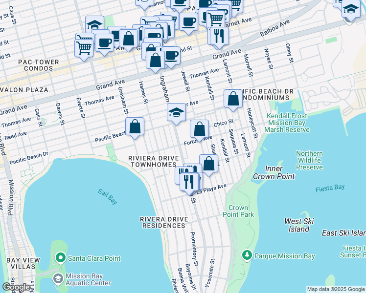 map of restaurants, bars, coffee shops, grocery stores, and more near 4021 Ingraham Street in San Diego