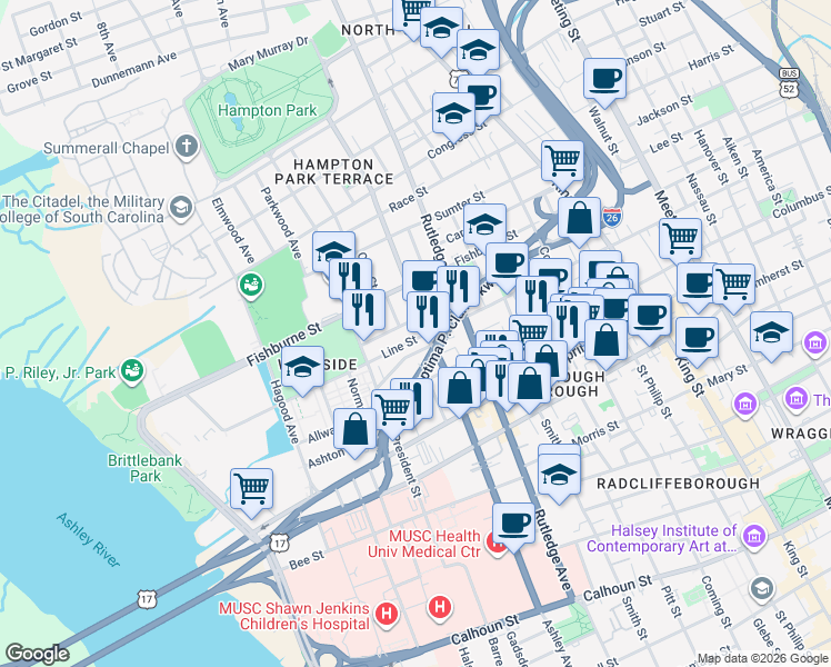 map of restaurants, bars, coffee shops, grocery stores, and more near 20 Nunan Street in Charleston