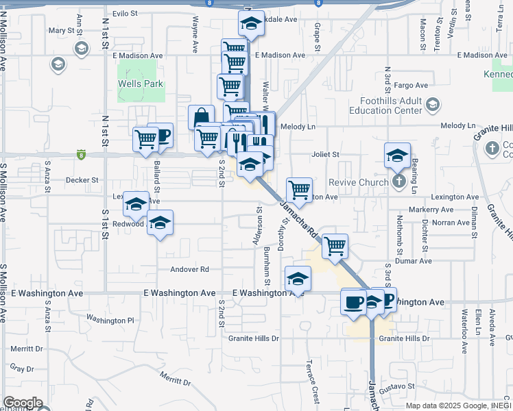 map of restaurants, bars, coffee shops, grocery stores, and more near 1319 East Lexington Avenue in El Cajon