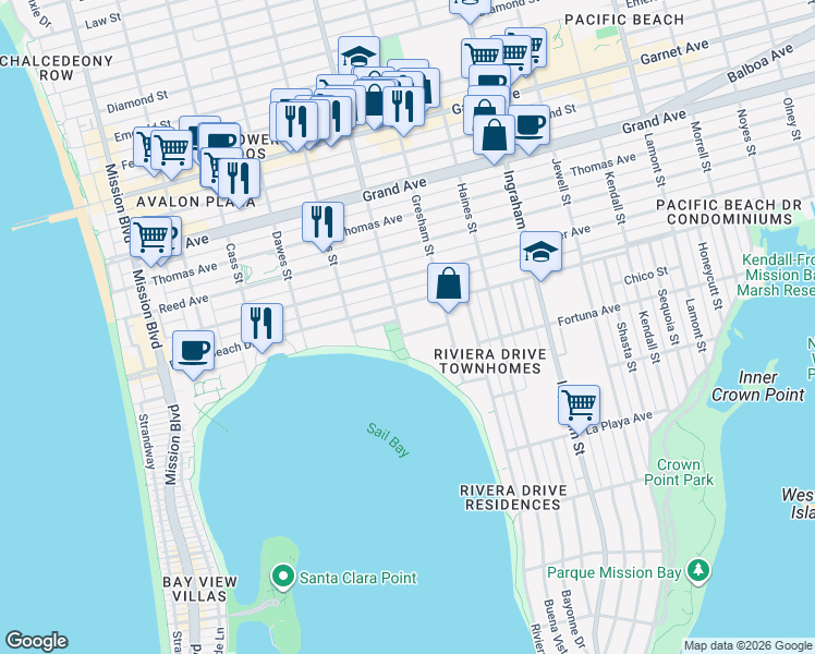 map of restaurants, bars, coffee shops, grocery stores, and more near 4051 Fanuel Street in San Diego