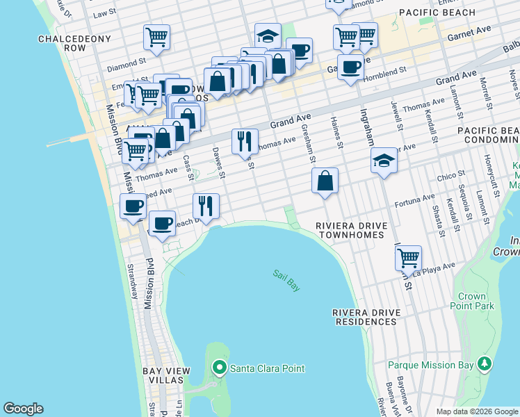 map of restaurants, bars, coffee shops, grocery stores, and more near 1175 Pacific Beach Drive in San Diego