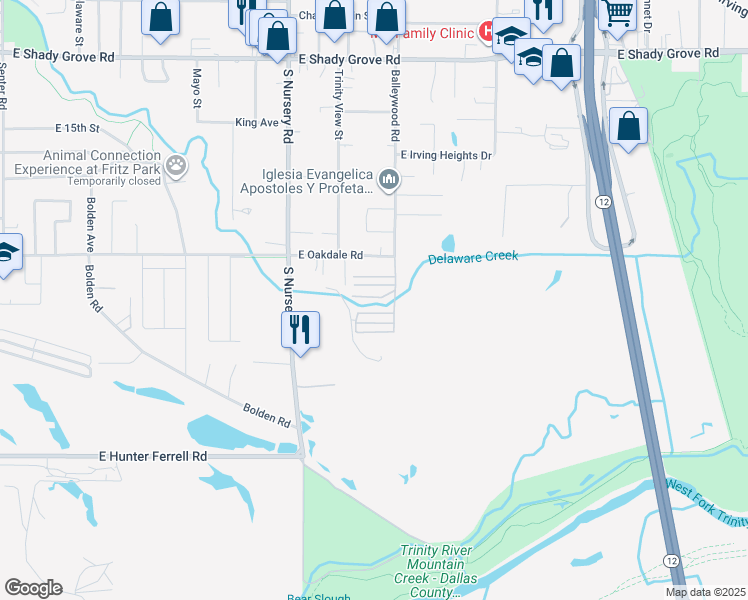 map of restaurants, bars, coffee shops, grocery stores, and more near 1232 Creek Dr in Irving