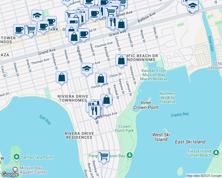 map of restaurants, bars, coffee shops, grocery stores, and more near 3955 Shasta Street in San Diego