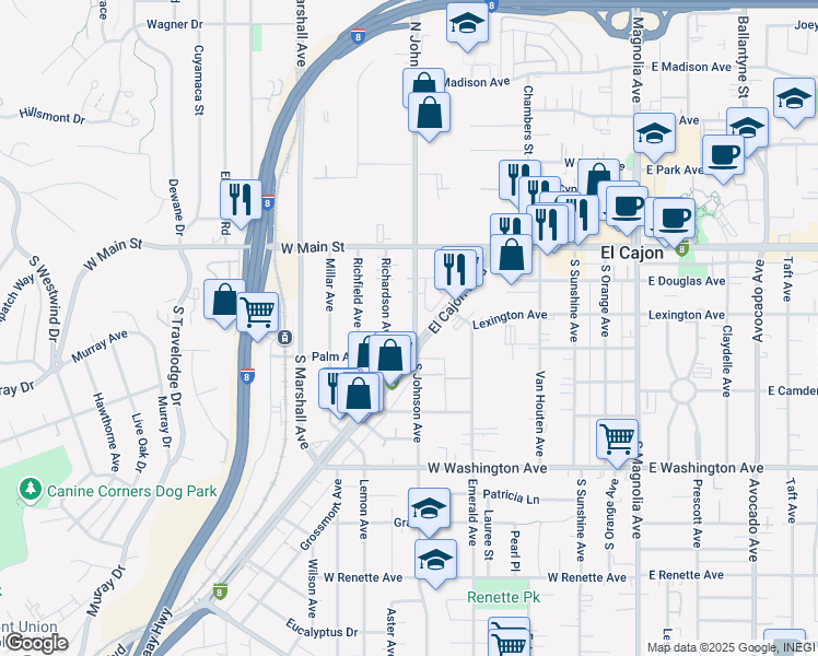 map of restaurants, bars, coffee shops, grocery stores, and more near 246 South Johnson Avenue in El Cajon