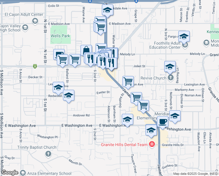map of restaurants, bars, coffee shops, grocery stores, and more near 1319 East Lexington Avenue in El Cajon
