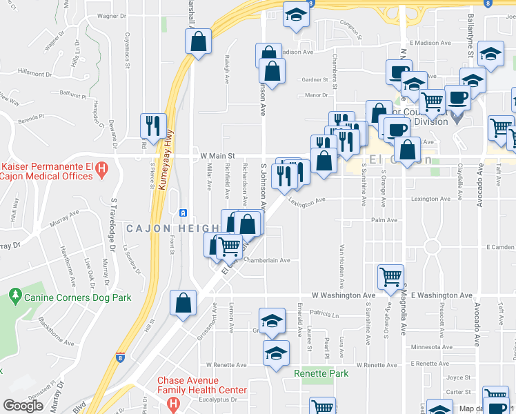 map of restaurants, bars, coffee shops, grocery stores, and more near 314 South Johnson Avenue in El Cajon