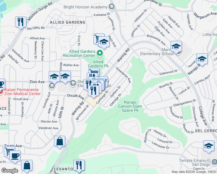 map of restaurants, bars, coffee shops, grocery stores, and more near 6652 Birchwood Street in San Diego