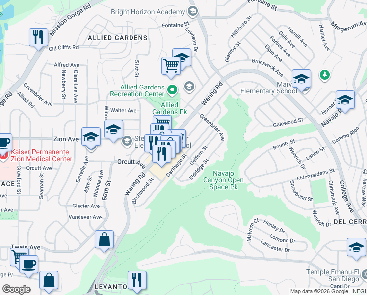 map of restaurants, bars, coffee shops, grocery stores, and more near 6652 Birchwood Street in San Diego