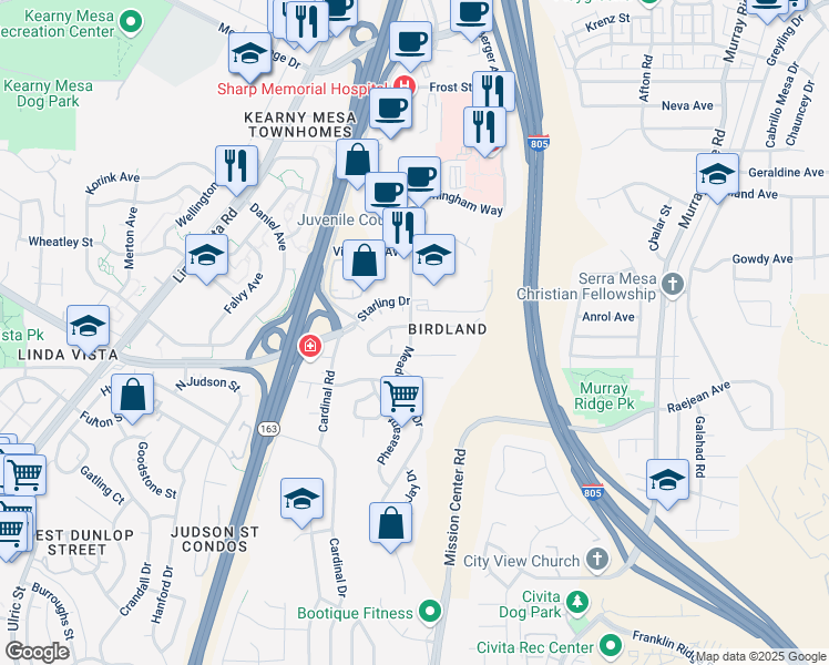 map of restaurants, bars, coffee shops, grocery stores, and more near 2772 Meadow Lark Drive in San Diego