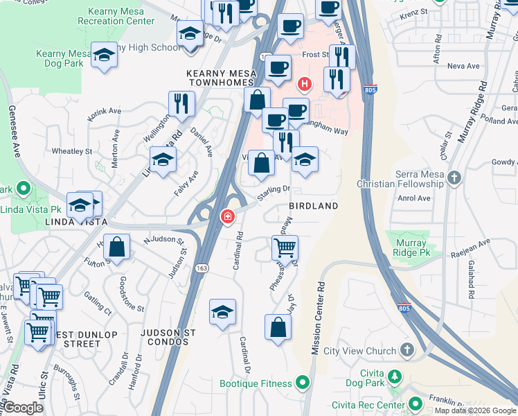 map of restaurants, bars, coffee shops, grocery stores, and more near 7799 Starling Drive in San Diego