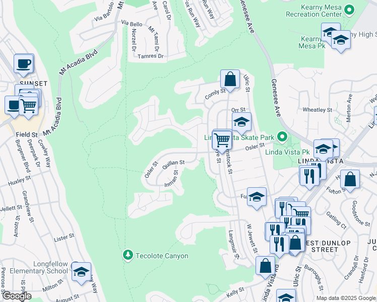 map of restaurants, bars, coffee shops, grocery stores, and more near 2750 Wheatstone Street in San Diego