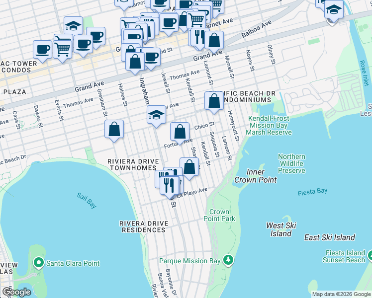 map of restaurants, bars, coffee shops, grocery stores, and more near 4019 Jewell Street in San Diego