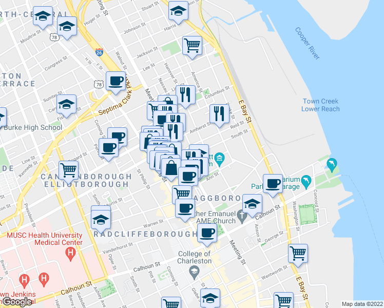 map of restaurants, bars, coffee shops, grocery stores, and more near 51 Reid Street in Charleston