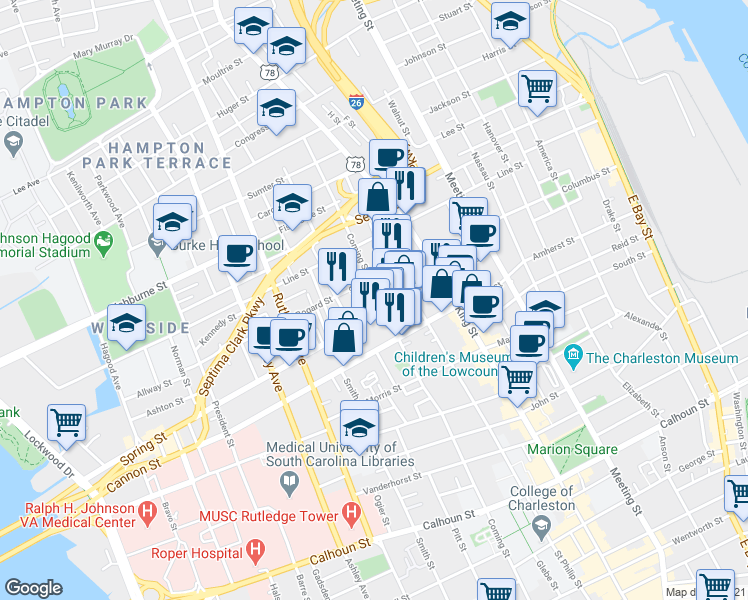 map of restaurants, bars, coffee shops, grocery stores, and more near 13 Bogard Street in Charleston
