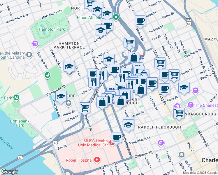 map of restaurants, bars, coffee shops, grocery stores, and more near 43 Rose Lane in Charleston
