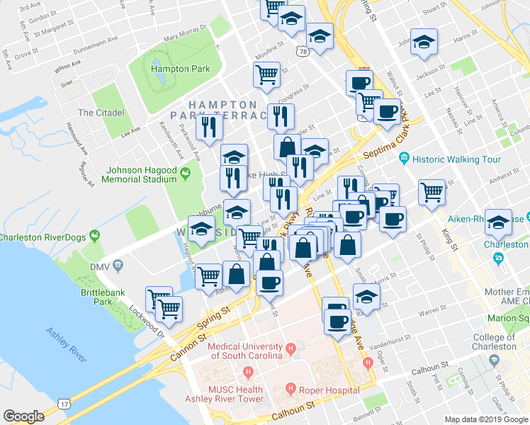 map of restaurants, bars, coffee shops, grocery stores, and more near 13 Killians Street in Charleston