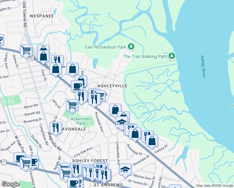 map of restaurants, bars, coffee shops, grocery stores, and more near in Charleston