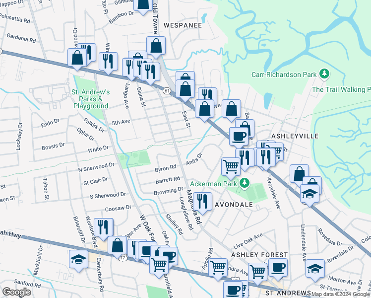 map of restaurants, bars, coffee shops, grocery stores, and more near 1121 Armstrong Avenue in Charleston