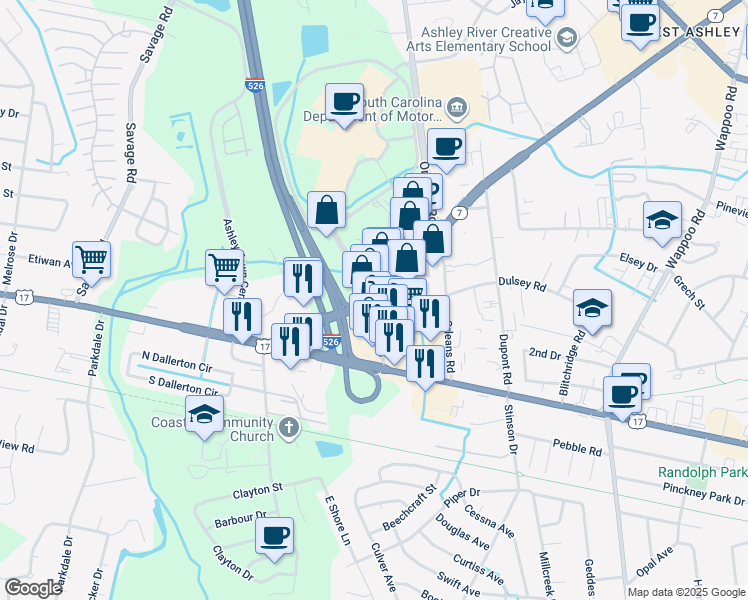 map of restaurants, bars, coffee shops, grocery stores, and more near 2048 Sam Rittenberg Blvd in Charleston