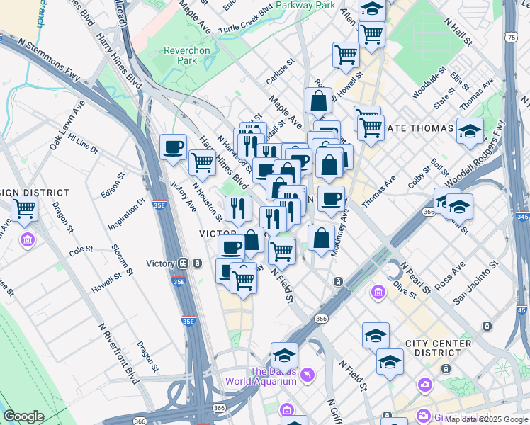 map of restaurants, bars, coffee shops, grocery stores, and more near in Dallas