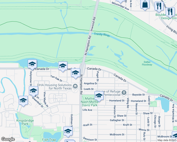 map of restaurants, bars, coffee shops, grocery stores, and more near 2043 Canada Drive in Dallas