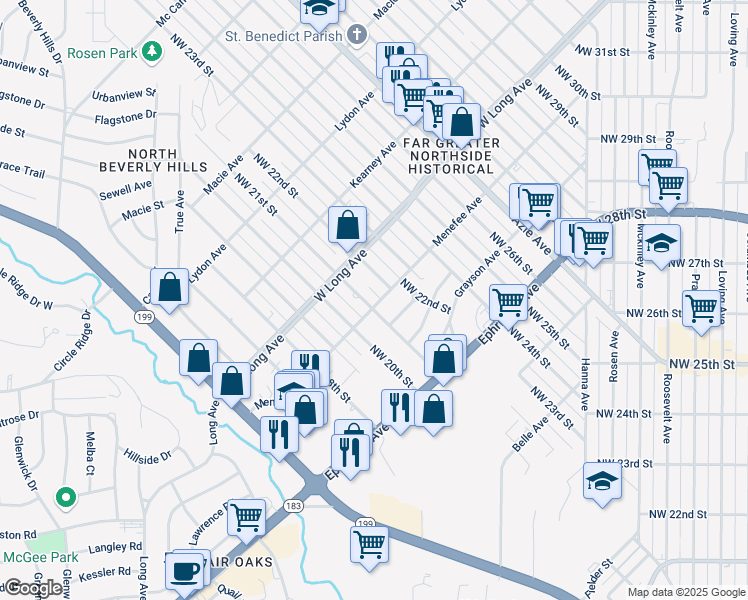 map of restaurants, bars, coffee shops, grocery stores, and more near 2610 Northwest 21st Street in Fort Worth