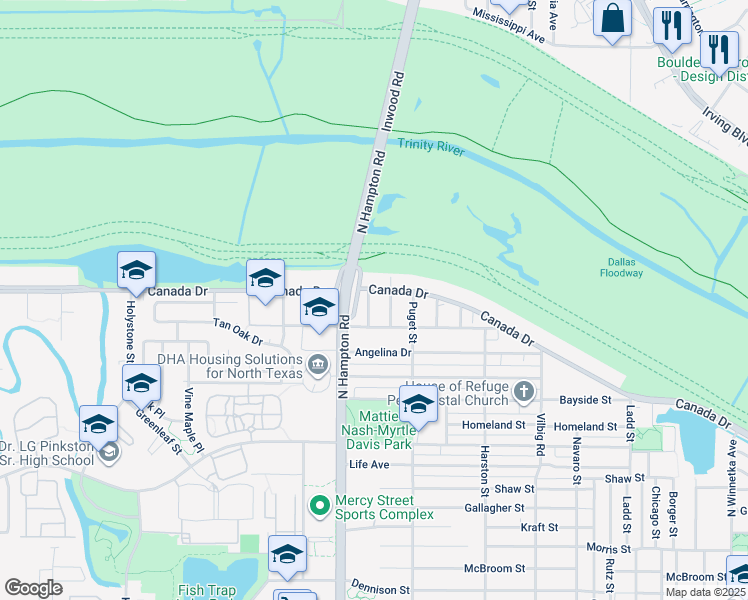 map of restaurants, bars, coffee shops, grocery stores, and more near 4026 Ivanhoe Lane in Dallas
