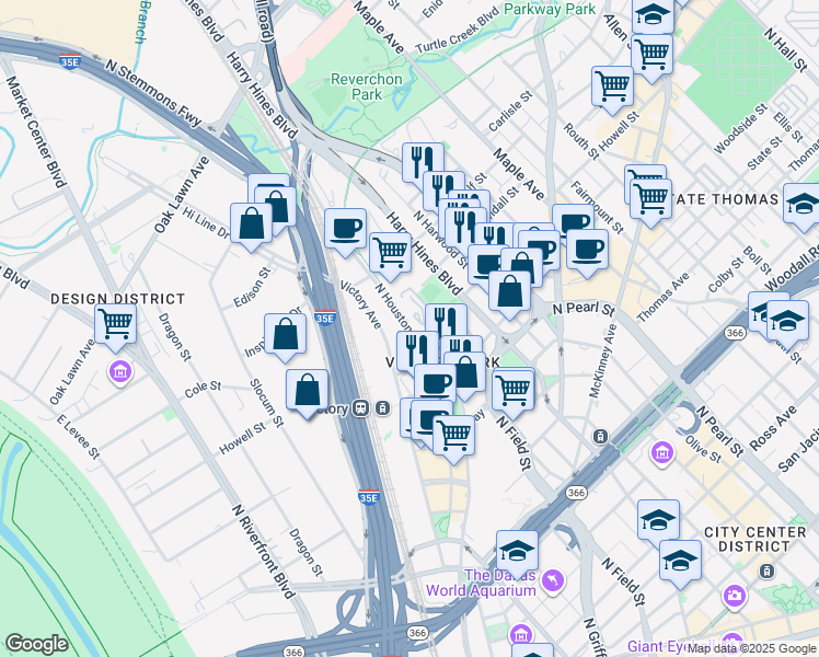map of restaurants, bars, coffee shops, grocery stores, and more near 2772 North Houston Street in Dallas