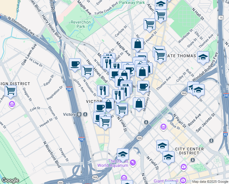 map of restaurants, bars, coffee shops, grocery stores, and more near in Dallas