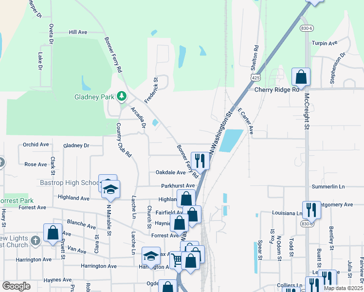 map of restaurants, bars, coffee shops, grocery stores, and more near 306 Bonner Ferry Road in Bastrop