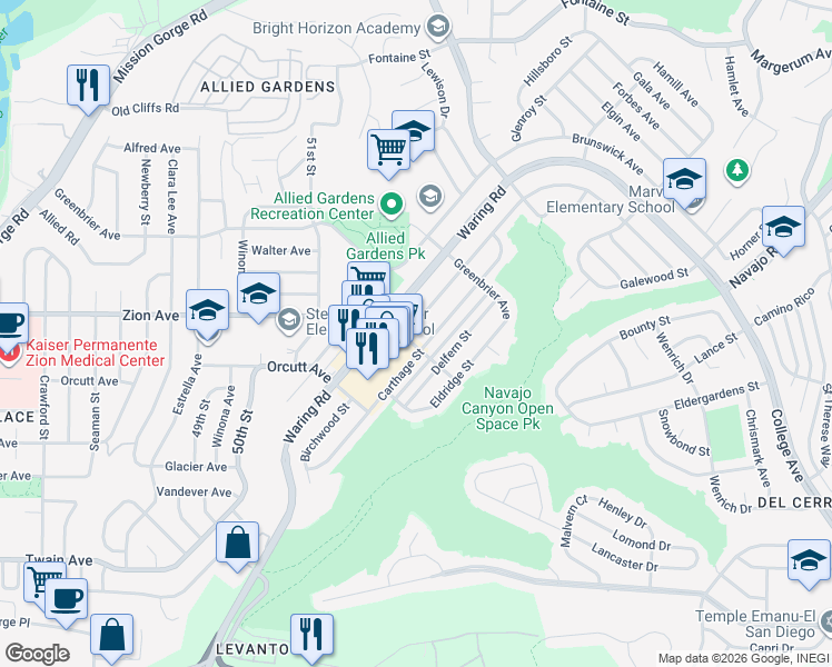 map of restaurants, bars, coffee shops, grocery stores, and more near 6652 Birchwood Street in San Diego