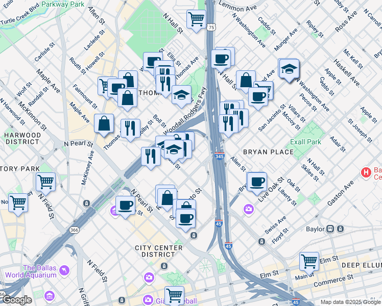 map of restaurants, bars, coffee shops, grocery stores, and more near Flora Street in Dallas
