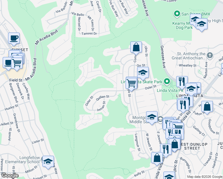 map of restaurants, bars, coffee shops, grocery stores, and more near 2750 Wheatstone Street in San Diego