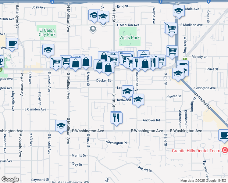 map of restaurants, bars, coffee shops, grocery stores, and more near 328 South 1st Street in El Cajon