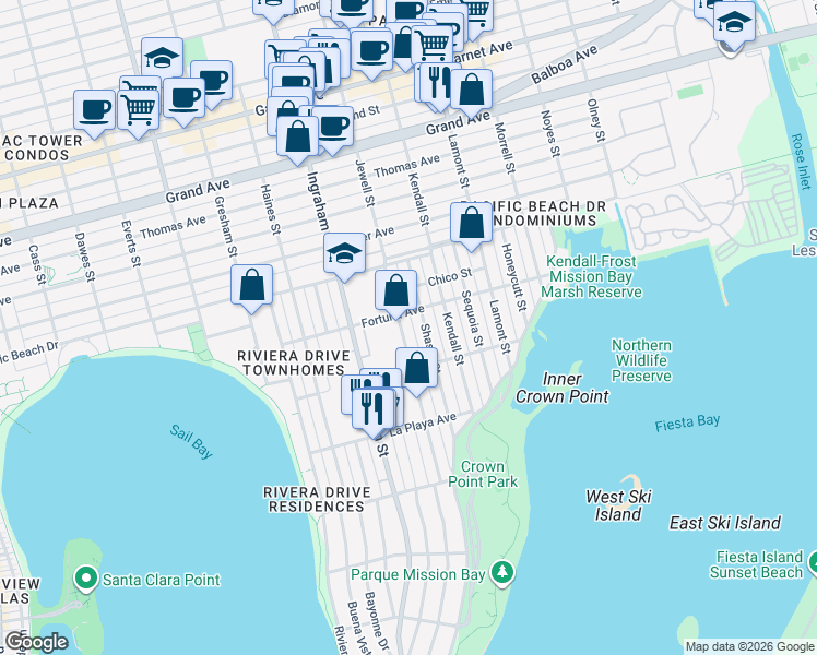 map of restaurants, bars, coffee shops, grocery stores, and more near 3993 Jewell Street in San Diego