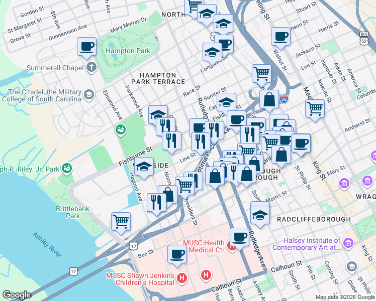 map of restaurants, bars, coffee shops, grocery stores, and more near 13 Killians Street in Charleston